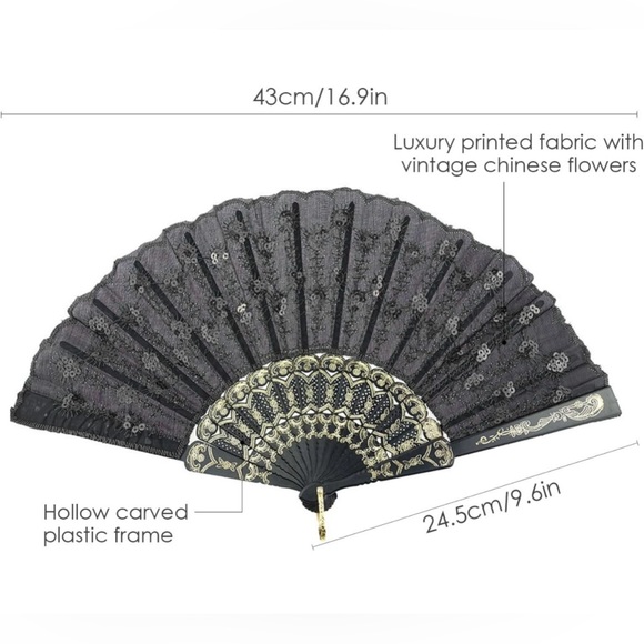 Pack of 6 - Elegantly Embroidered Handheld Fabric Fan with Sequins (Black) - Picture 3 of 14